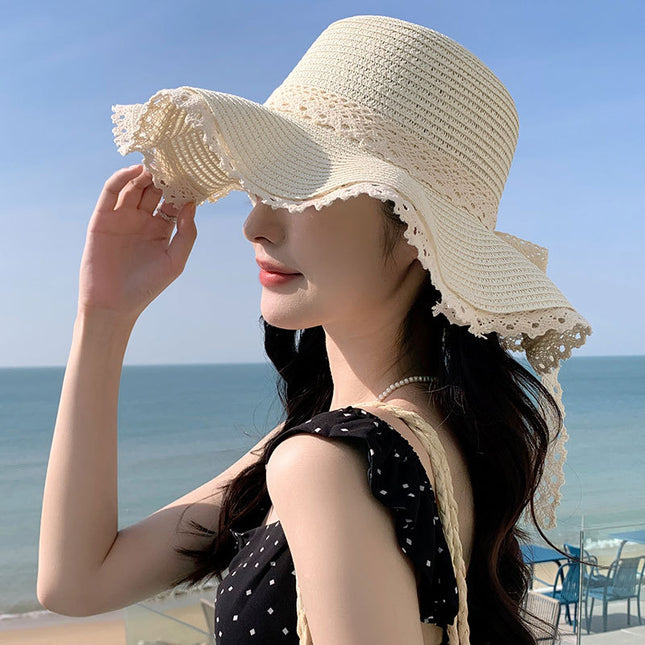 Summer Lace Flower Sunshade Hat Women's Korean-style Wave Straw Hat Showing Face Small Sun Hat Straw Hat in stock