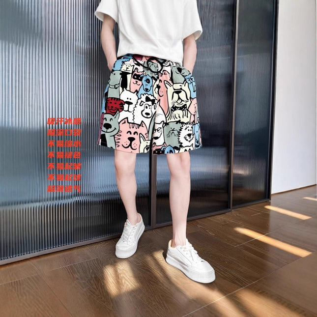 Summer Men's Beach Shorts Breathable Sports Cool Cartoon Silk Texture Shorts Men's Outdoor Sports Casual Large Shorts