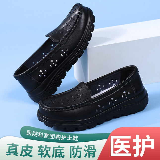 Nurse Shoes for Women, Hollow-Out White Soft-Soled Breathable Non-Tiring Non-Slip Thick-Soled Height-Increasing Medical Black Work Shoes for Mothers