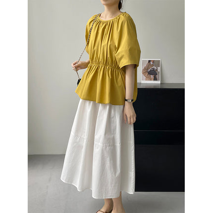 Taochuan Backless Discreet~Round Neck Elegant Slimming Look Versatile Waist Design Cut Out Short-Sleeved Shirt for Women 5385