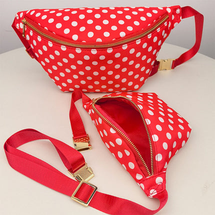 New Cross-border Nylon Waterproof Red and White Wave Dot Waist Bag Outdoor Sports Women Chest Bag Portable Travel Crossbody Bag