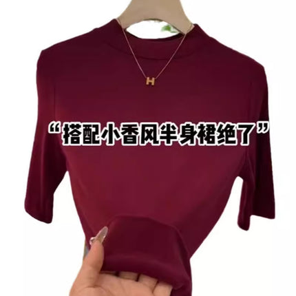 Solid Color Half Turtleneck Elastic Inner Quarter-Sleeved Bottoming Shirt Top for Women Spring New Versatile Slimming Look Elegant T-Shirt