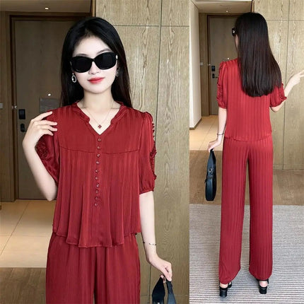 High-end Ice Silk Fashion suit Women's Summer New Elegant Wear Set of Thin Western Style Casual Two-piece Set