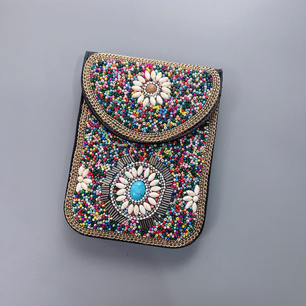 Red Lotus Women's Mobile Phone Bag Xinjiang Inner Mongolia Yunnan Travel Souvenir Retro Heavy Industry Rice Bead Shoulder Bag