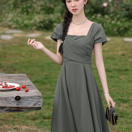 Summer New Style Gray-Green Slimming French Dress Women's Square Neck Waist Long Skirt Monet Garden