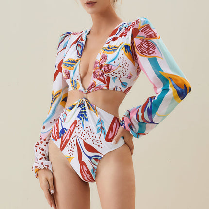 2024 European and American Swimwear New V-neck Long Sleeve Hollow Printed Swimsuit Women's Cross-border Hot 2375