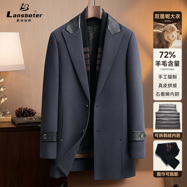 Genuine Leather Collar Double-Sided Wool Outwear for Men, Autumn and Winter Trendyy Removable Goose down Liner Woolen Outwear, Large Size Men's Clothing