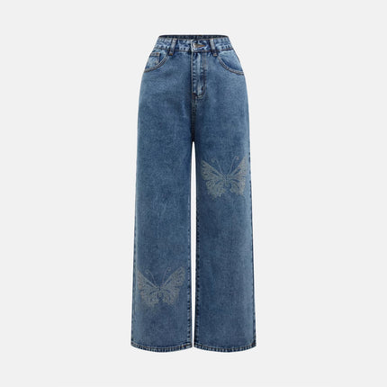Cross-Border Women's American Retro Washed Distressed Rhinestone Jeans Autumn and Winter Loose Slimming High-Waisted Floor-Length Pants