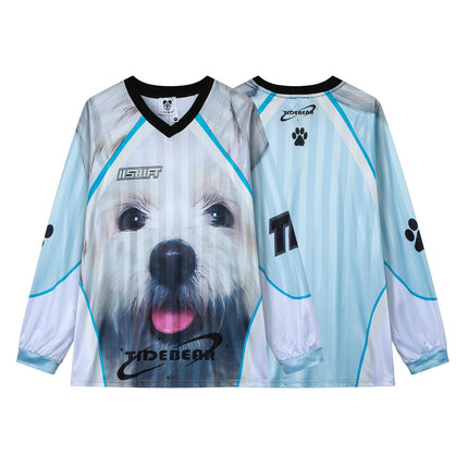 American-style Casual Couple Sports Mesh T-shirt V-neck Three-dimensional Cute Dog Print Retro Color Contrast Long Sleeve for Men and Women