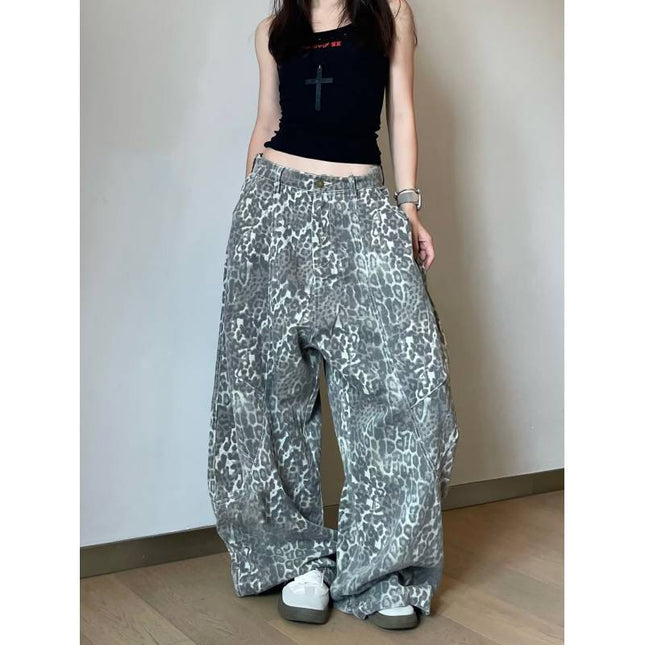 American Retro Loose Bf Lazy Style Leopard Print Jeans for Women, Trendy Distressed Floor-Length Pants