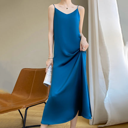 Simulated Silk Satin Suspender Dress for Women in Spring and Summer with Suit Acetate French Mid-length Design Niche Trend