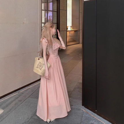 Pink Ruffled Square Collar dress Women's Summer 2025 French Style Small Flying Sleeve Seaside Holiday Beach Midi Dress