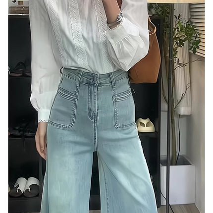 2025 Spring New High Waist Stretch Wide Leg Jeans Women's Casual Large Legs Loose No Leg Mop Pants