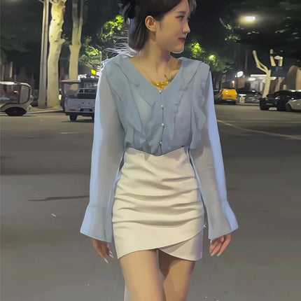French Style V Neck Ruffled Simple Long-Sleeved Shirt for Women, Spring & Fall Style, High-End, Sweet and Slightly See-Through Chiffon Top