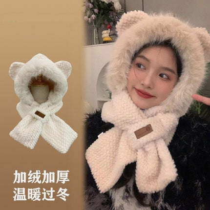 Cute Bear Plush Hat and Scarf Set for Women, Autumn and Winter Thickened Warm Cycling Cold-Proof Ear Protection Lei Feng Hat