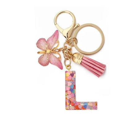 1 Px Pink Heart Sequins Resin English Letter Key Chain Pendant Butterfly Tassel Accessories Key Hanging
