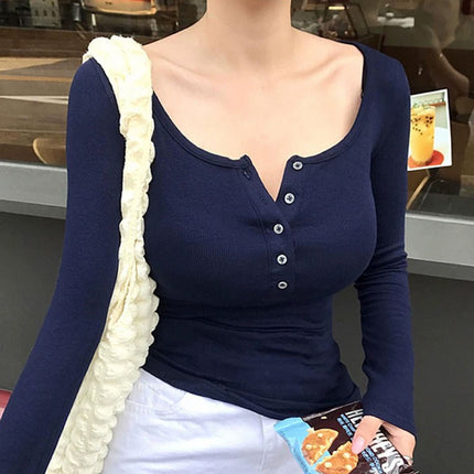South Korea Dongdaemun commuter sexy hot girl show figure open collarbone tight slimming versatile long sleeve T-shirt top for women