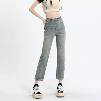 Nostalgic Retro Straight-Leg Jeans Women's Trendy All-Match High-Waist Slimming Old-Fit Cropped Smoke Pipe and French Stick Pants