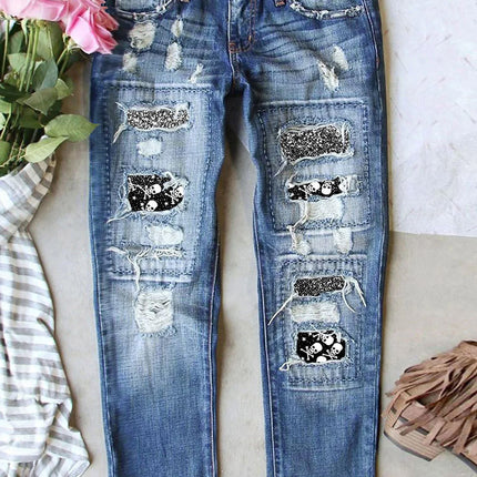 Cross-Border Amazon Hot-Selling European and American Women's Ripped Printed Patch Jeans Mid-Waist Straight Pants in Stock