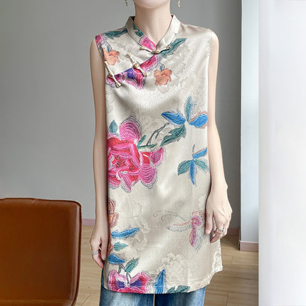 New Chinese Style Satin Stand Collar Sleeveless Vest for Women 2025 Summer New Style Buckle Printed Loose Top