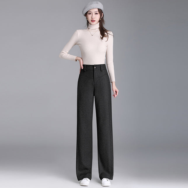 Retro Woolen Wide-Leg Pants for Women in Autumn and Winter New Thickeneded Suit Pants for Middle-Aged Mothers Straight Pants Loose Floor-Length Pants