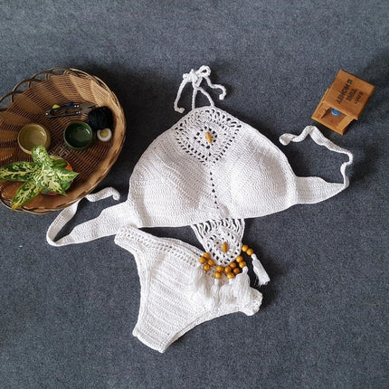 2020 European and American New Women's Swimsuit Set Beach Sun Bath Foreign Trade Handmade Crochet Tassel Split Bikini