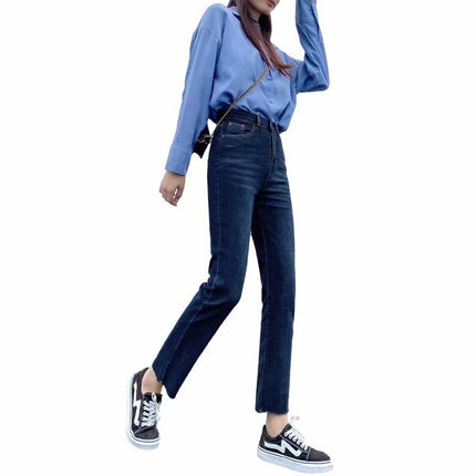 Small high waist straight jeans women's all-match retro Hong Kong style all-match loose slimming cropped pipe pants fashion