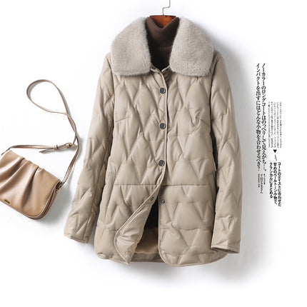 Genuine Leather Women's Coat with Mink Fur Collar, High-End Elegant White Duck down Sheepskin 2025 New Model Haining Leather down Jacket