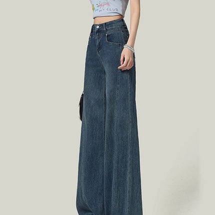 Vintage Blue Wide-Leg Jeans for Women, Autumn 2025 New Design, Slimming Straight-Leg Floor-Length Pants
