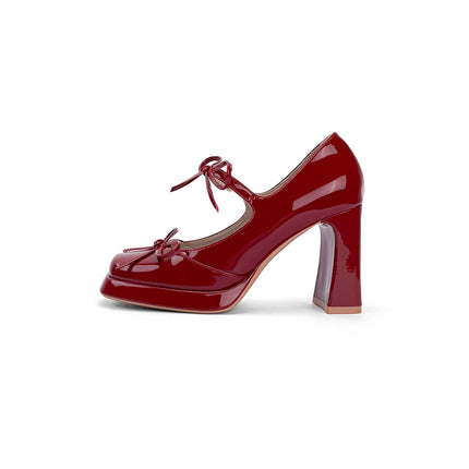 Vintage wine red Mary Jane Platform Shoes Elevated Little Man Bow Dating High Heels Women Spring 2025