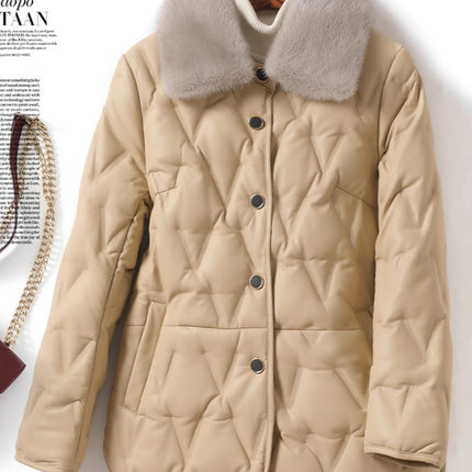 Genuine Leather Women's Coat with Mink Fur Collar, High-End Elegant White Duck down Sheepskin 2025 New Model Haining Leather down Jacket