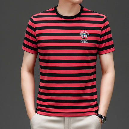 Mingdi Mouse Men's Summer New Short-sleeved Young and Middle-aged Crewneck T-shirt Business All-match Striped Men's T-shirt Top