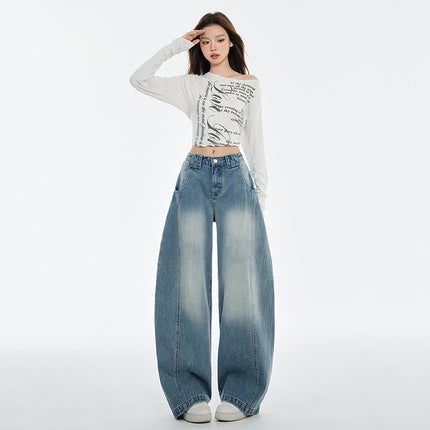 American Scimitar Jeans for Women, Autumn New Design, Retro Loose Slimming Lazy Style Floor-Length Wide-Leg Pants