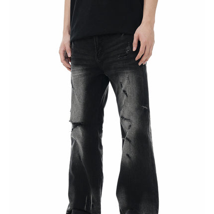11Kn American Black Slightly Flared Ripped Jeans for Men and Women Washed Trendy Dark Knife Cut Destroyed Loose Casual Pants