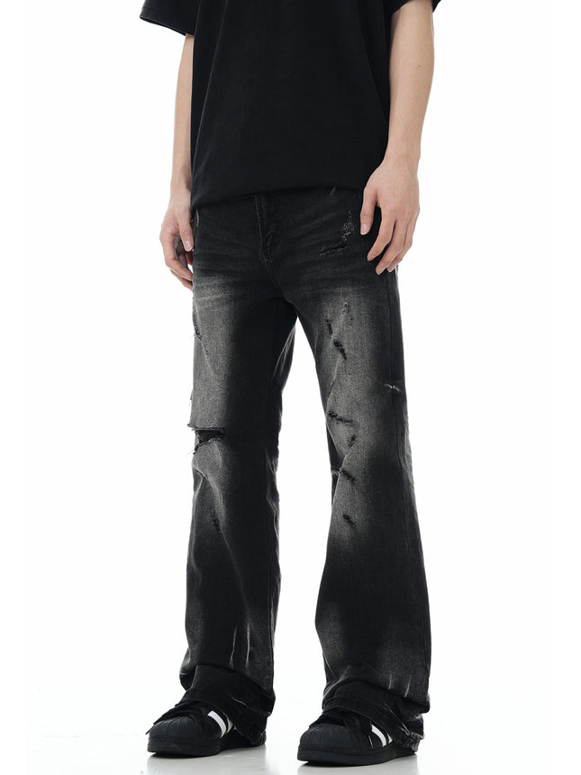 11Kn American Black Slightly Flared Ripped Jeans for Men and Women Washed Trendy Dark Knife Cut Destroyed Loose Casual Pants