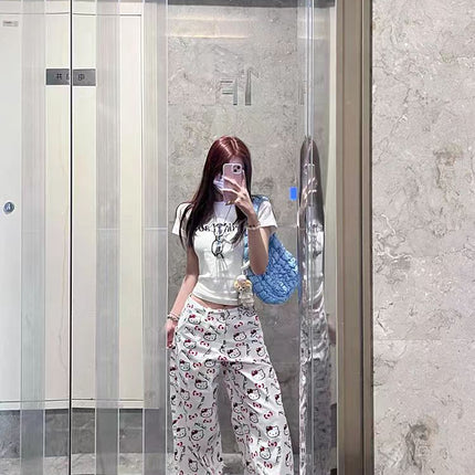Cartoon Cute Kitty Cat Graffiti Print Jeans Women's Spring and Summer 2025 New High Waist Wide Leg Pants