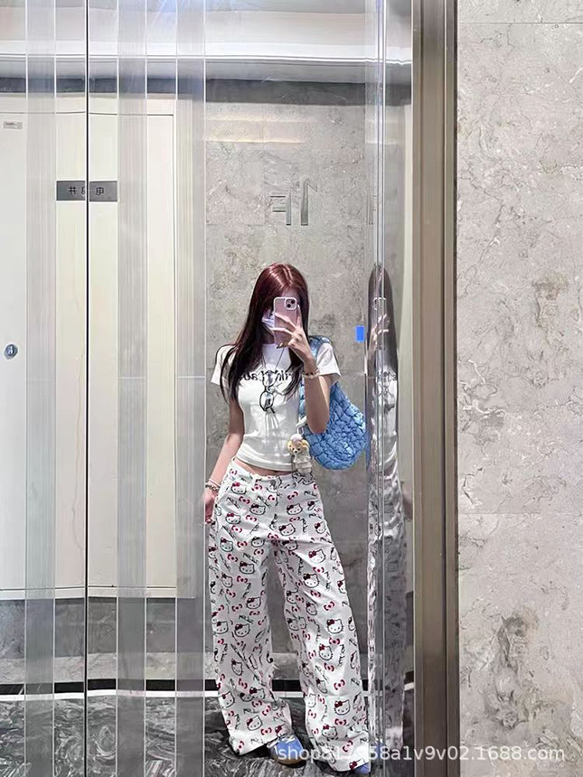 Cartoon Cute Kitty Cat Graffiti Print Jeans Women's Spring and Summer 2025 New High Waist Wide Leg Pants