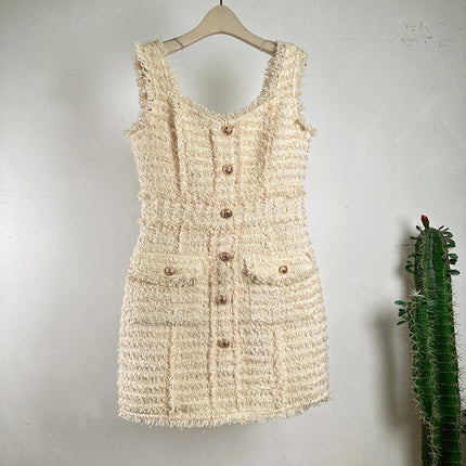 2026 Spring Light Luxury French Style Socialite Tweed Strap Dress with Tassels, Waist-Cinching Bodycon Dress for Women