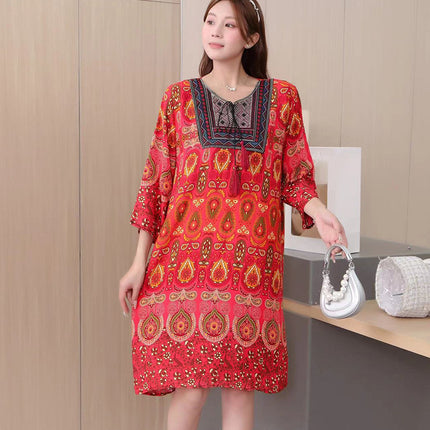 Extra Large Size Ethnic Style Round Neck Three-Quarter Sleeve Dress Loose Embroidered Flower Cotton Silk Travel Beach Skirt for Women