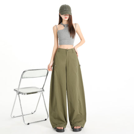 American-Style Curved Casual Pants for Women, Autumn New High Street Design, Loose and Slimming Floor-Length Cargo Denim Wide-Leg Pants