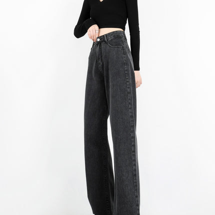Smoke Gray Wide-Leg Jeans for Women 2024 Autum New Popular High-Waist Draped Straight-Leg Loose Floor-Length Pants