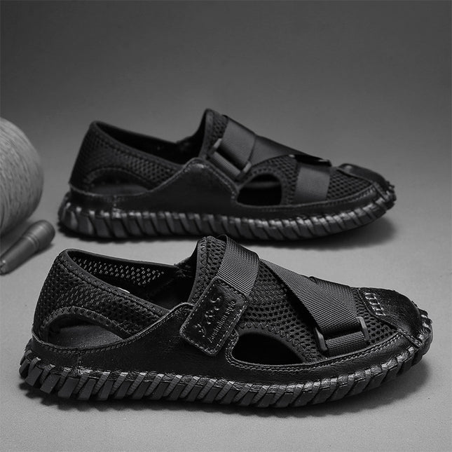 Cross-Border Hot-Selling Summer New Products Large Size Hand-Stitched Casual Breathable Mesh Genuine Leather Toe-Cap Sandals and River Shoes