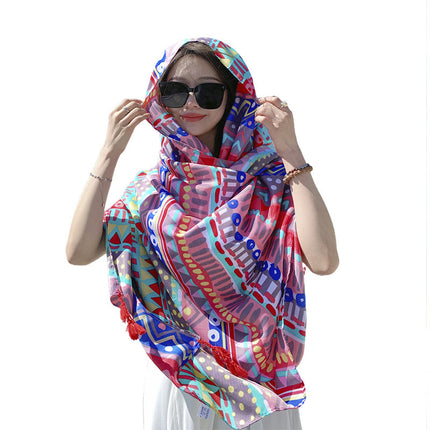 Korean style fresh color line color matching cotton and linen hand scarf ethnic style travel outside shawl sunscreen beach towel