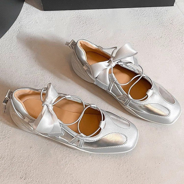 Sheepskin Version ~ Niche Fashion Strappy Ballet Casual Sneakers for Women Thick-Soled Bow Silver Mary Jane Shoes
