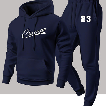 Cross-Border Autumn and Winter Men's Fashion Casual Two-Piece Set, Chicago Heat-Printed Hooded Sweatshirt and Sweatpants Set