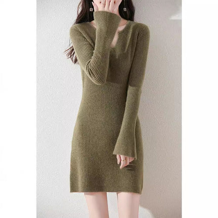 2025 Autumn and Winter V-Neck Women's Drawpack Mid-Length Sweater Slim-Fit Slimming Knitted Western-style Long Wool Dress
