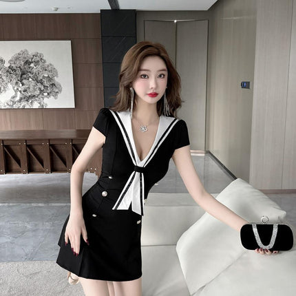 Real shot 8817 in stock navy collar age-reducing short sleeve dress college style sexy overalls foot bath technician skirt