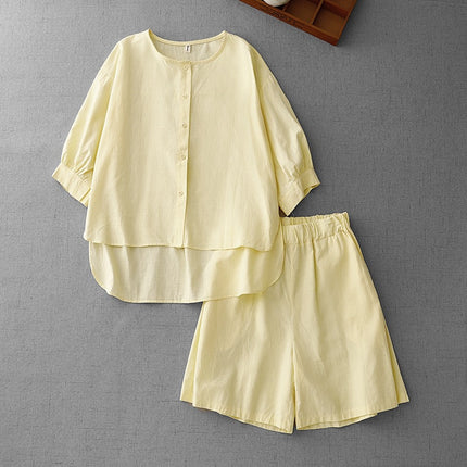 2025 Summer New Casual Two-Piece Set Retro Sweet Creamy Yellow Cotton and Linen Shirt + Elastic Waist Shorts Set