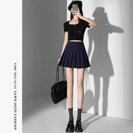 College Style Sexy Suit for Women Summer New T-Shirt Top Pleated Skirt Two-Piece Set for Small People