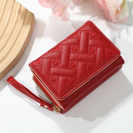 Cross-Border New Women's Short Wallet Simple Embroidered Heart Pu 70% off Card Holder Multi-Card Slot Wallet All-In-One Bag